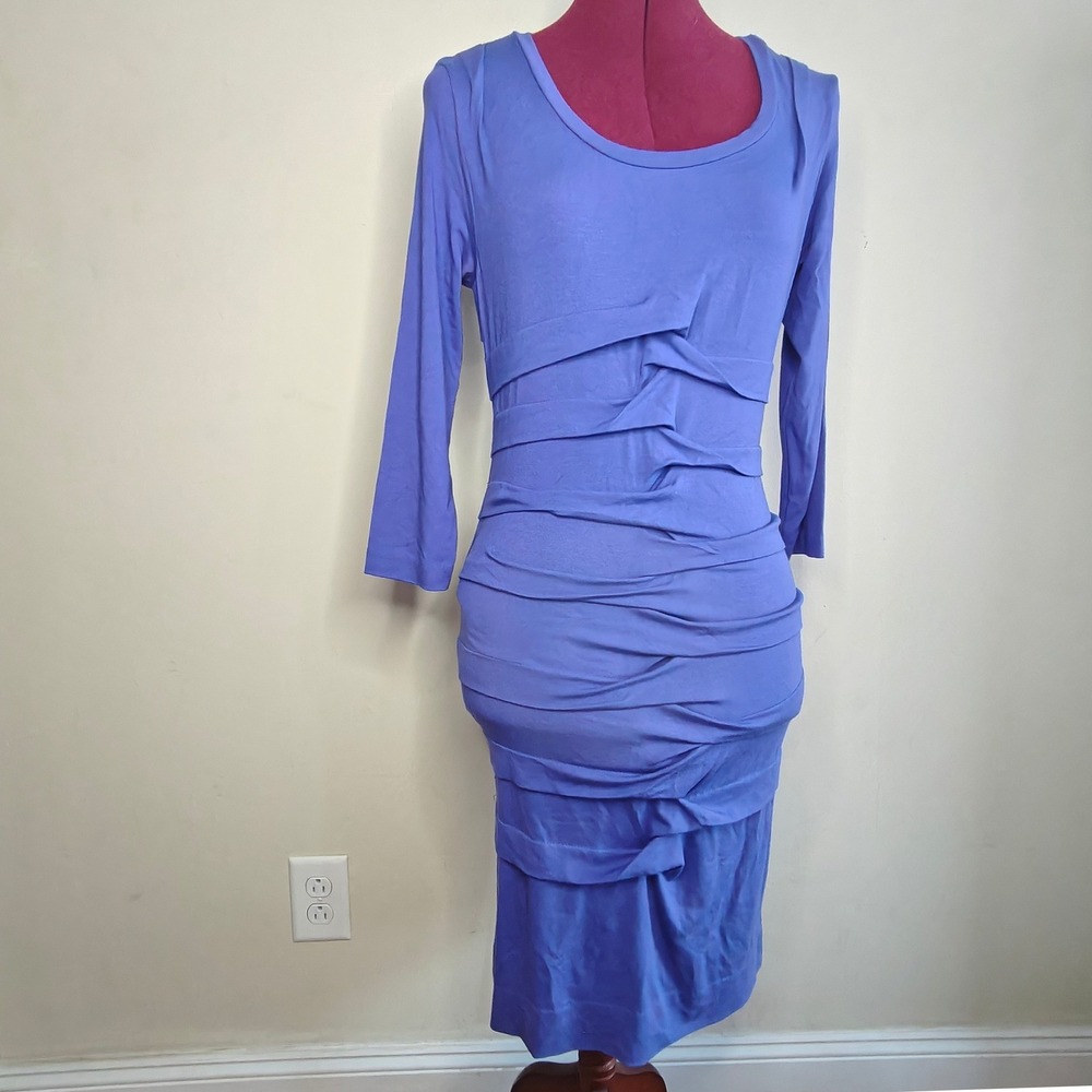 Artelier Nicole Miller Bodycon Dress Midi Purple Slim Ruched 3/4 Sleeve Size M